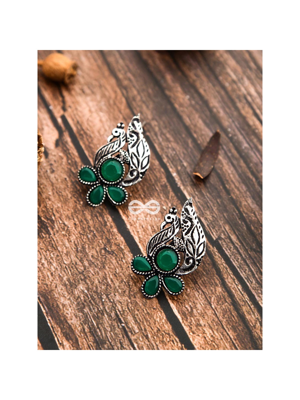 The Little Studded Peacock Studs - Emerald Green - The Embellished Oxidised Collection