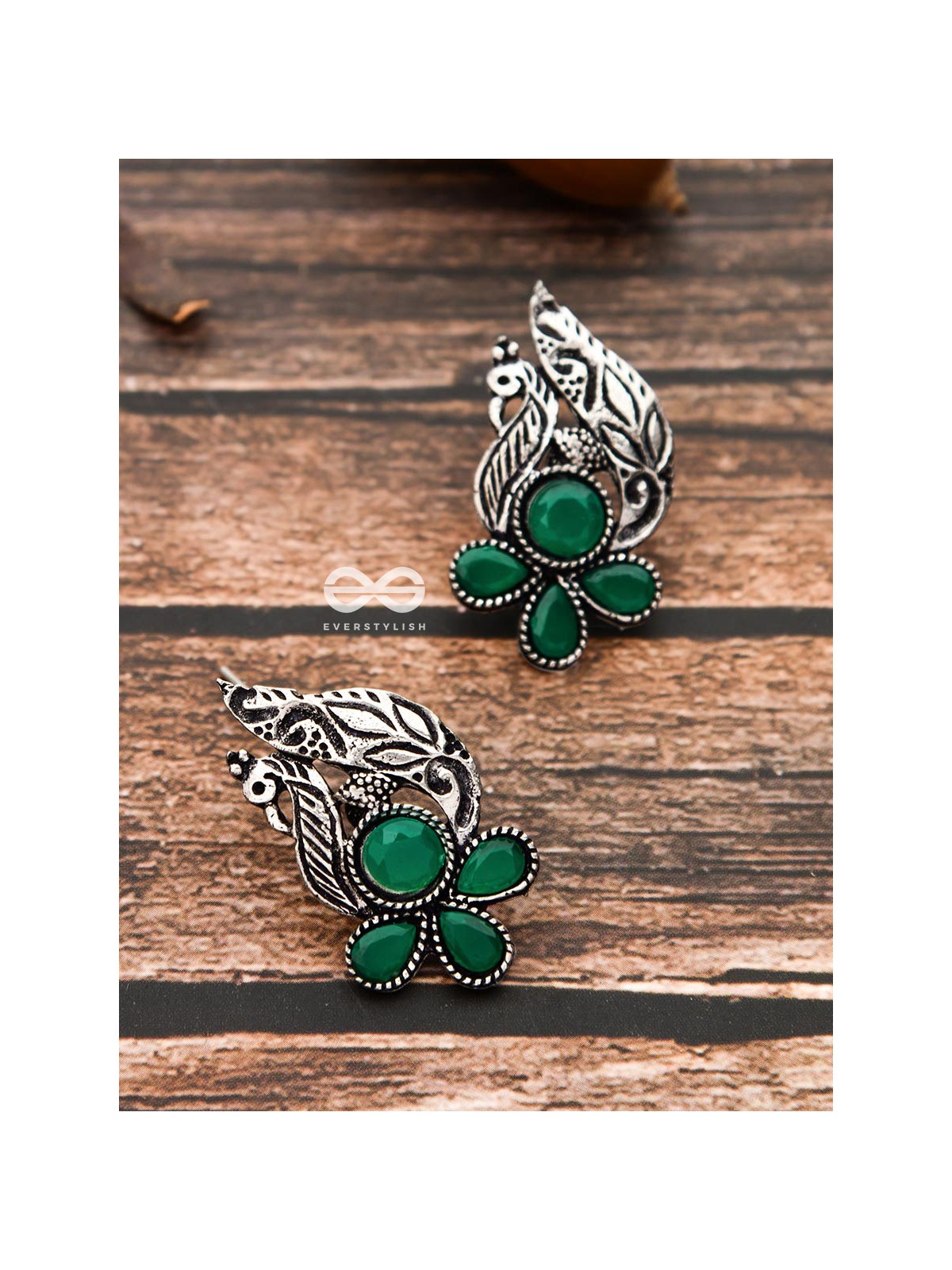 The Little Studded Peacock Studs - Emerald Green - The Embellished Oxidised Collection