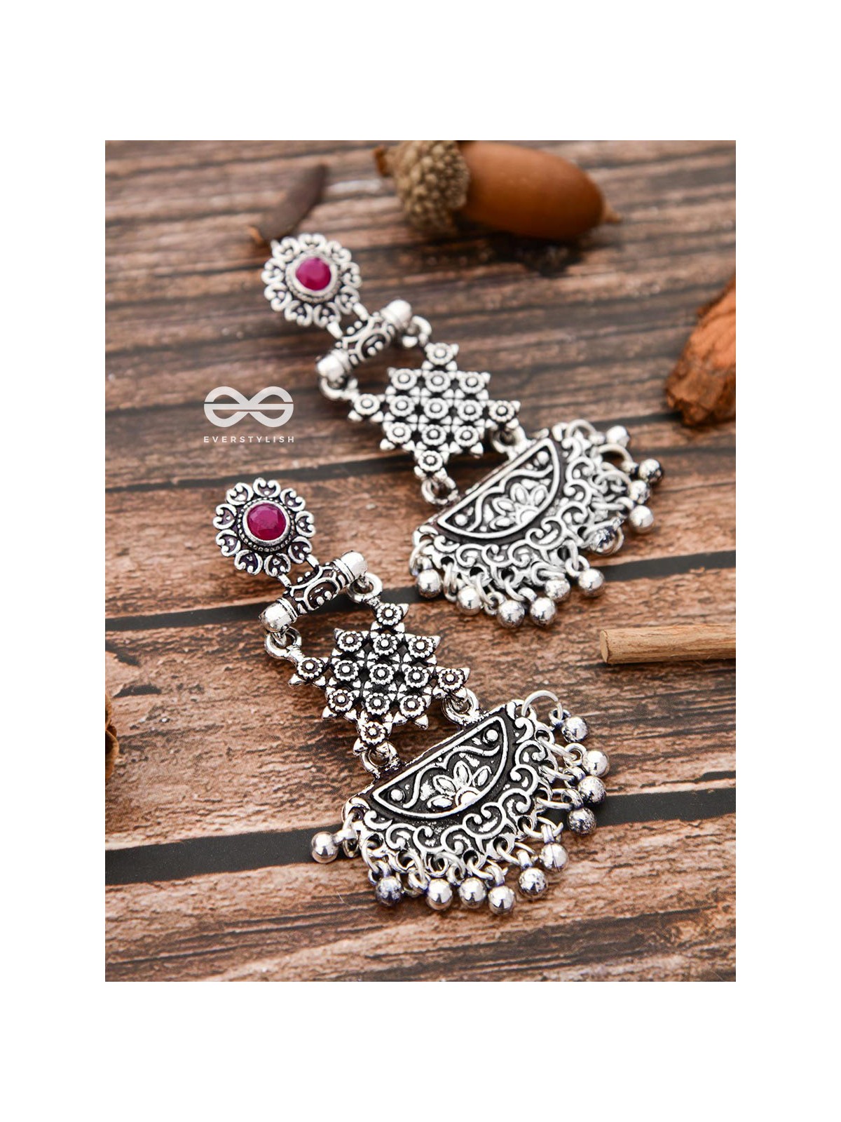 The Embellished Oxidised Collection - Intricate Delight Earrings- Red