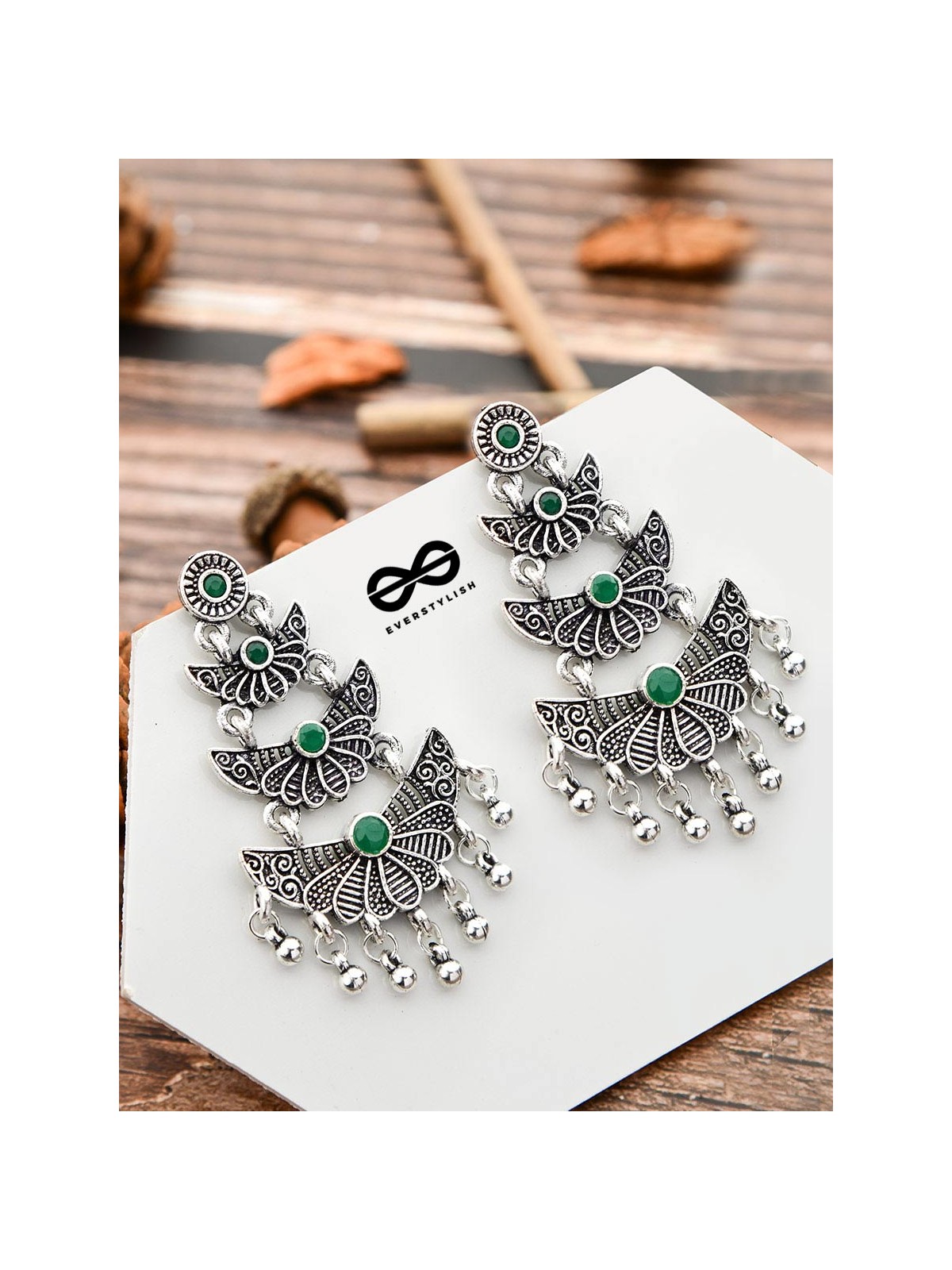 The Embellished Oxidised Collection - Triple Delight Earrings - Green