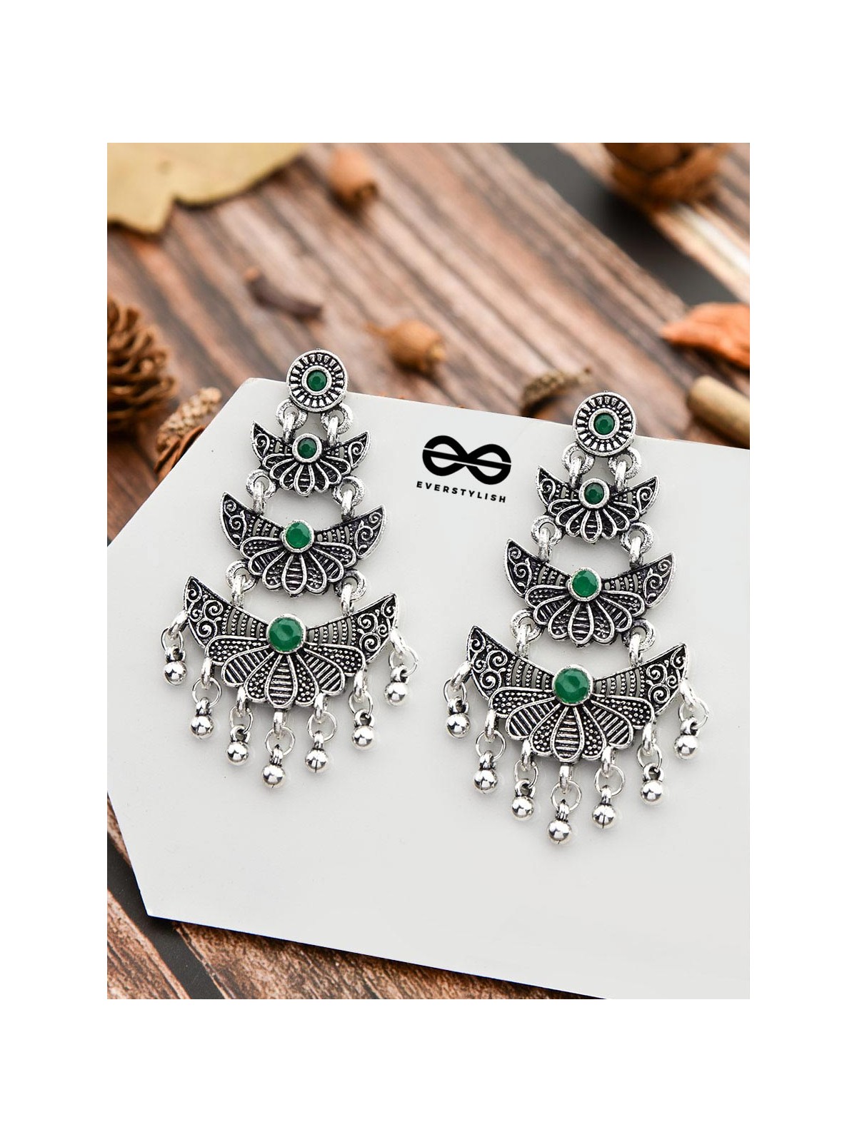 The Embellished Oxidised Collection - Triple Delight Earrings - Green