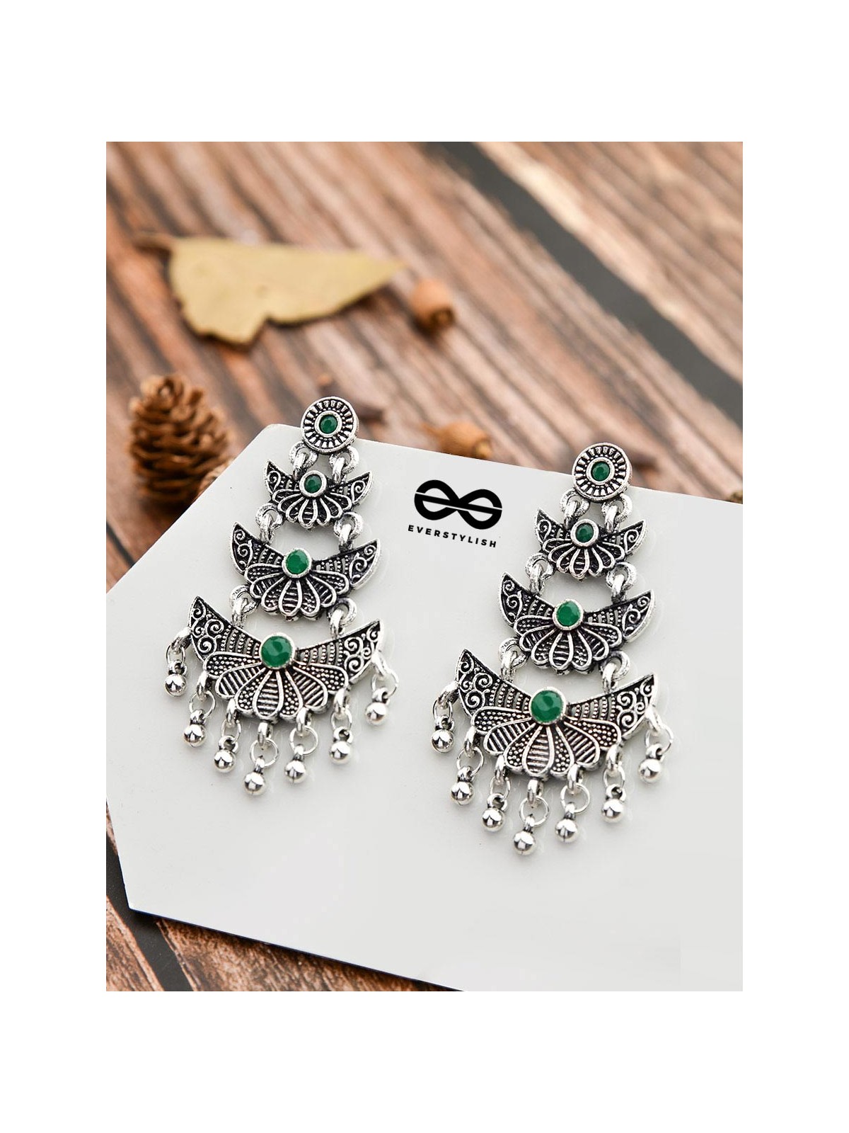 The Embellished Oxidised Collection - Triple Delight Earrings - Green