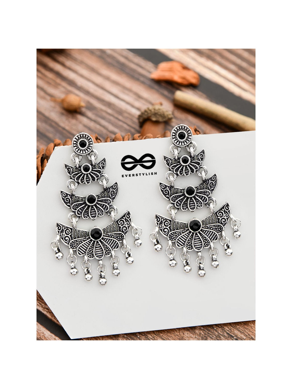 The Embellished Oxidised Collection - Triple Delight Earrings- Onyx Black