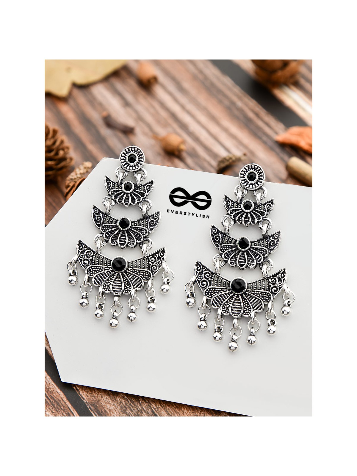 The Embellished Oxidised Collection - Triple Delight Earrings- Onyx Black