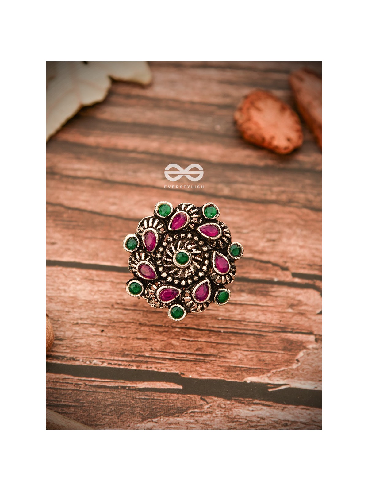 The Charlize Ring (Adjustable) - Ruby Emerald - The Embellished Oxidised Collection