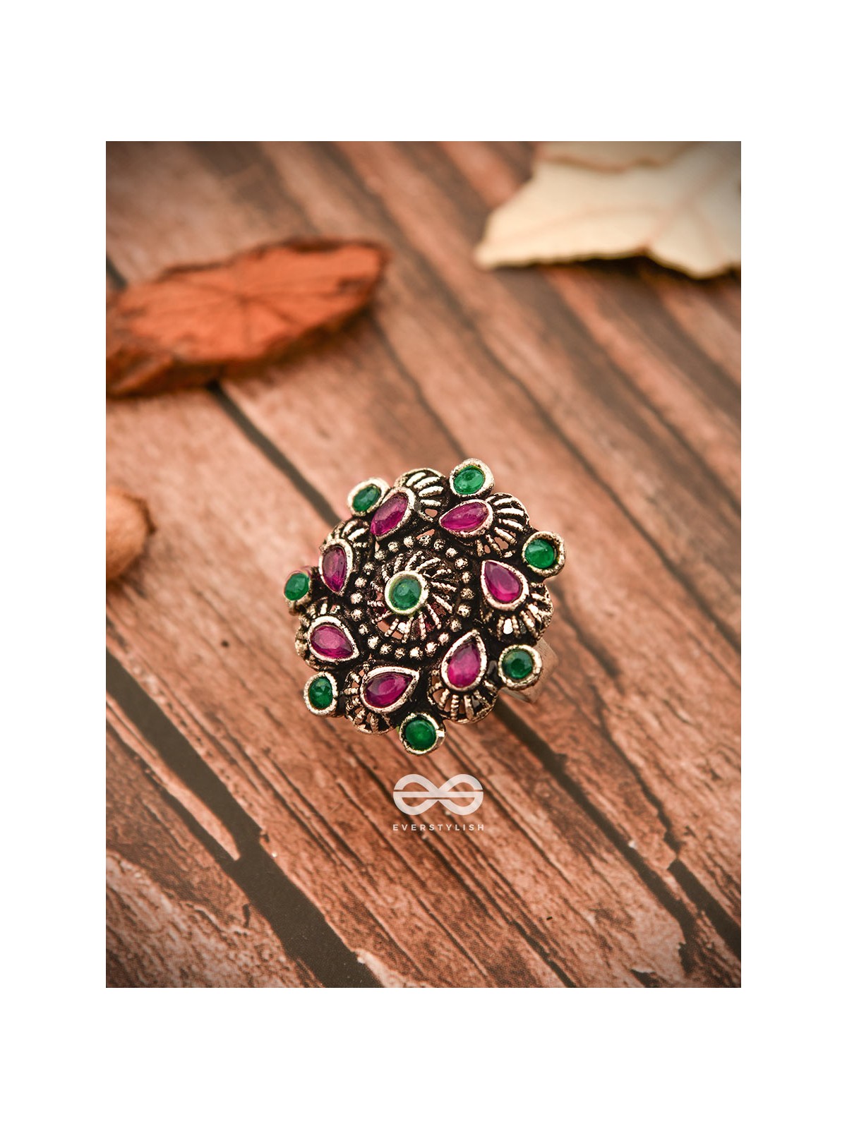 The Charlize Ring (Adjustable) - Ruby Emerald - The Embellished Oxidised Collection