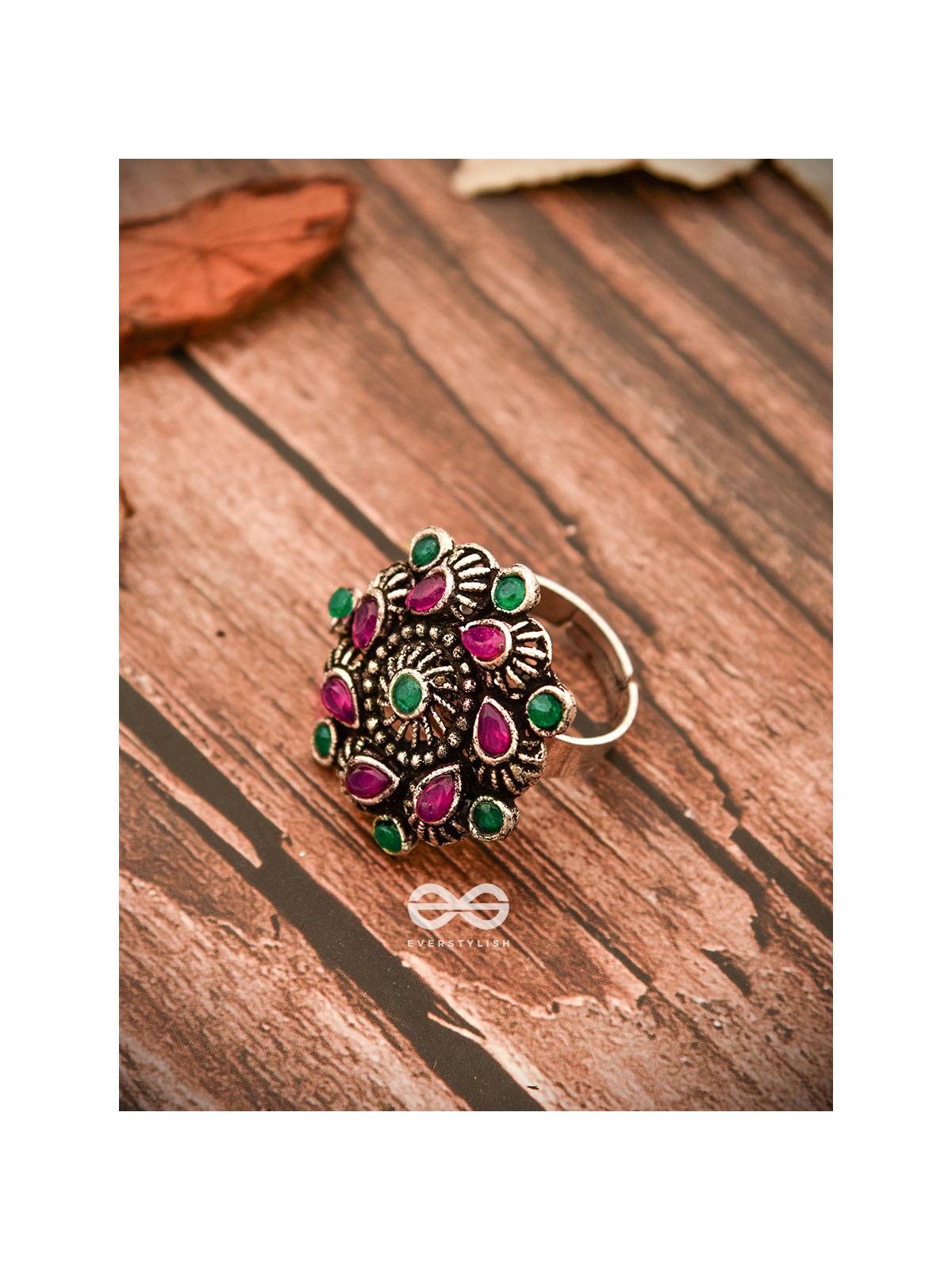 The Charlize Ring (Adjustable) - Ruby Emerald - The Embellished Oxidised Collection