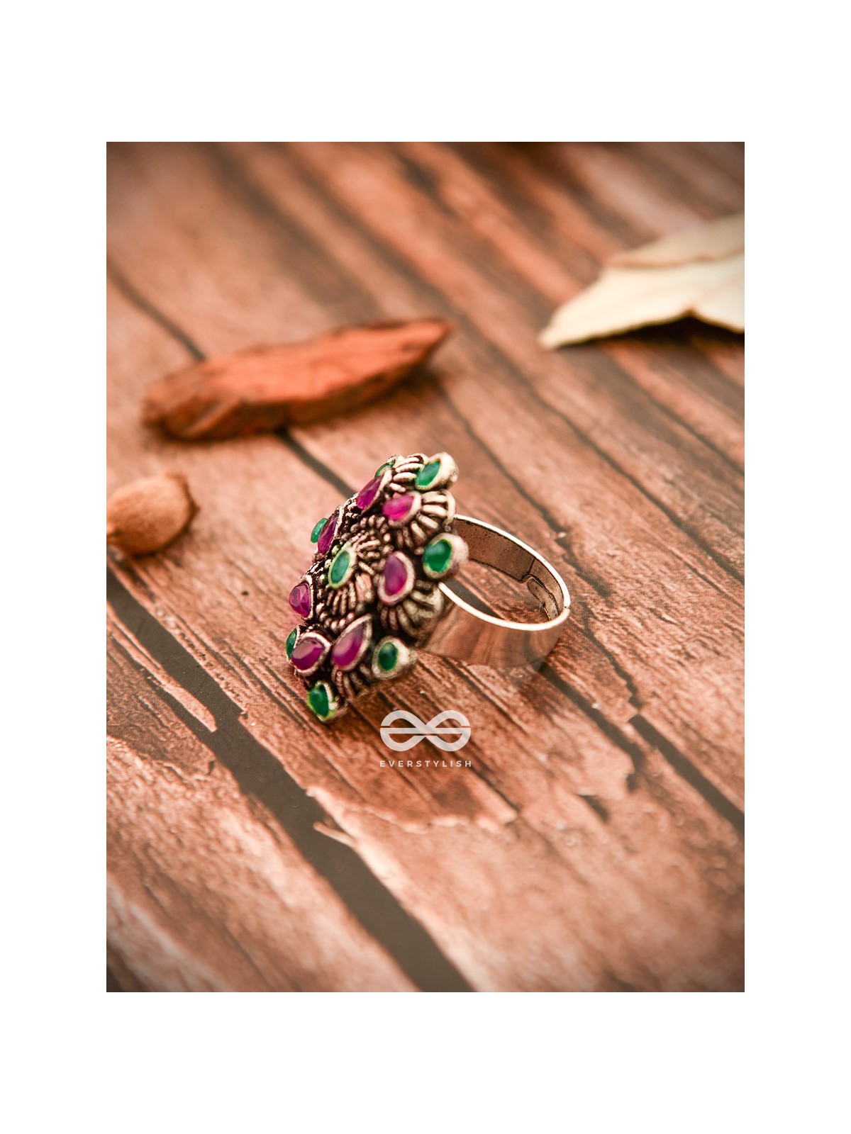 The Charlize Ring (Adjustable) - Ruby Emerald - The Embellished Oxidised Collection