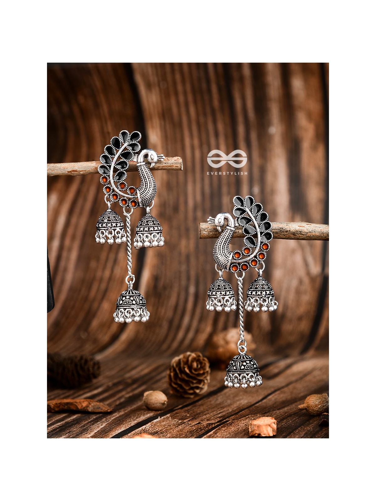 The Enamelled Peacocks Triple Jhumki Statement Earrings - Black-Brown