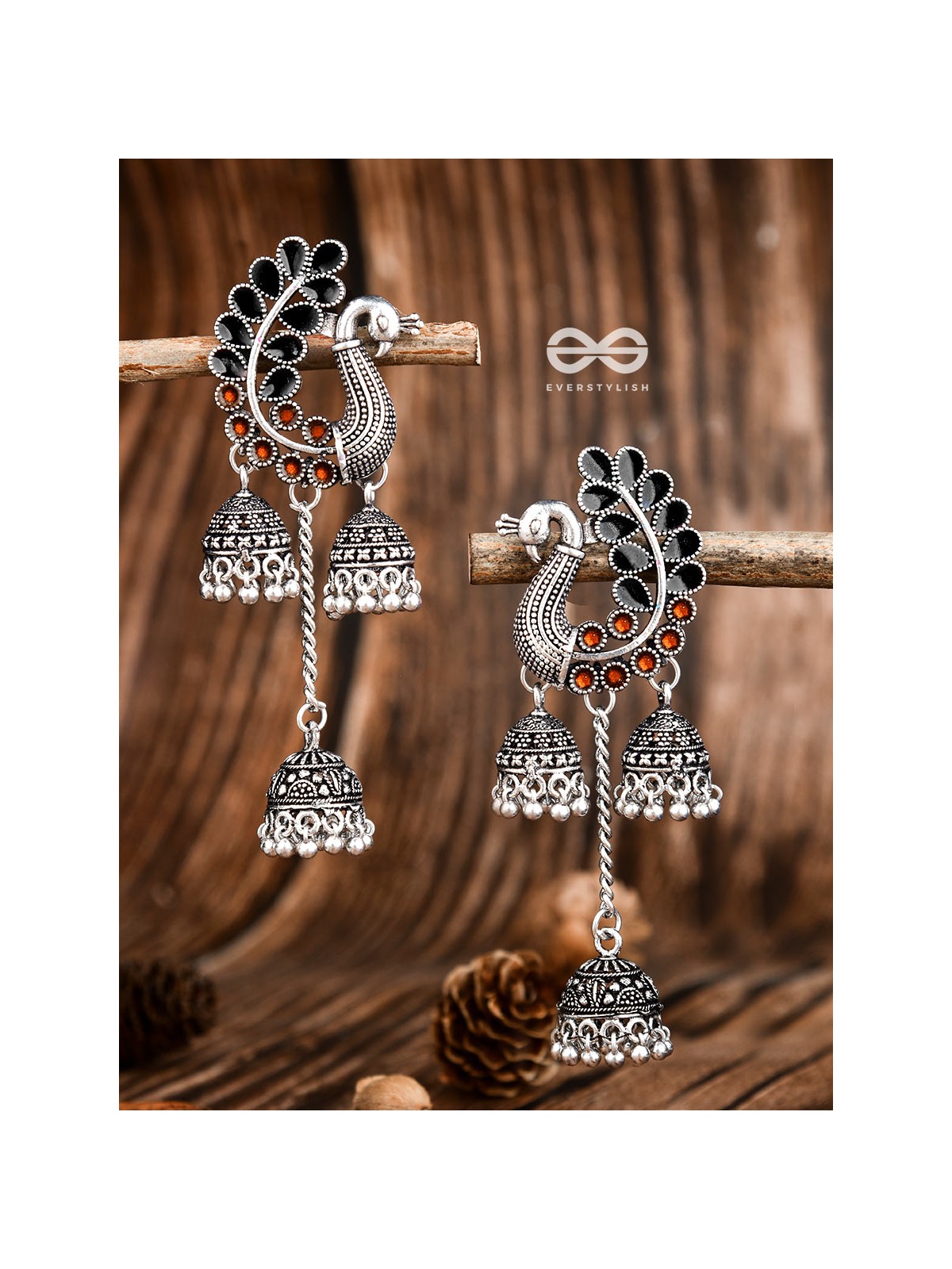 The Enamelled Peacocks Triple Jhumki Statement Earrings - Black-Brown