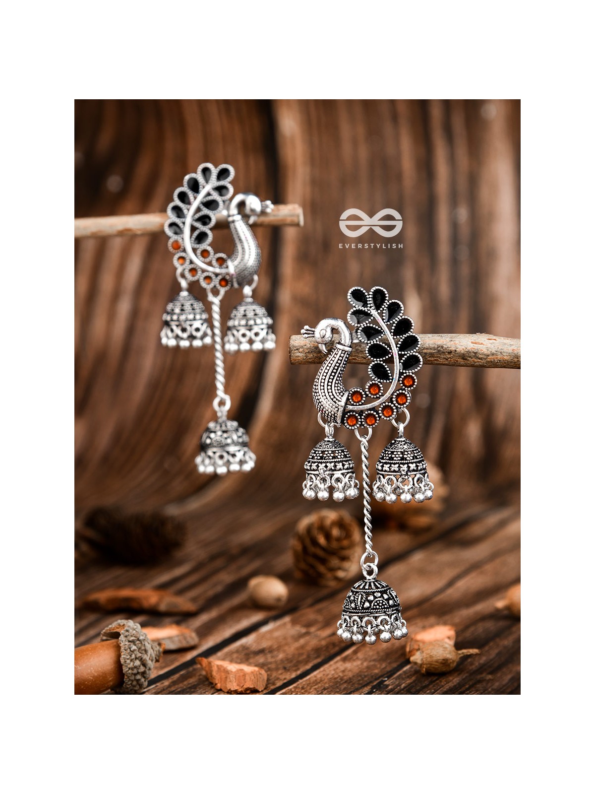 The Enamelled Peacocks Triple Jhumki Statement Earrings - Black-Brown