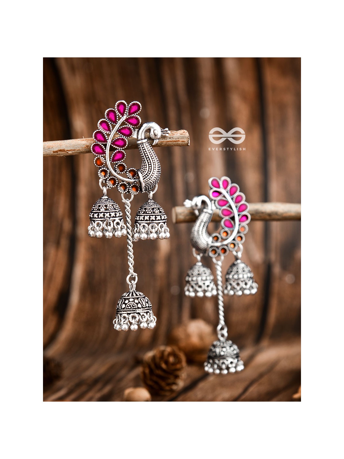 The Enamelled Peacocks Triple Jhumki Statement Earrings - Pink-Brown