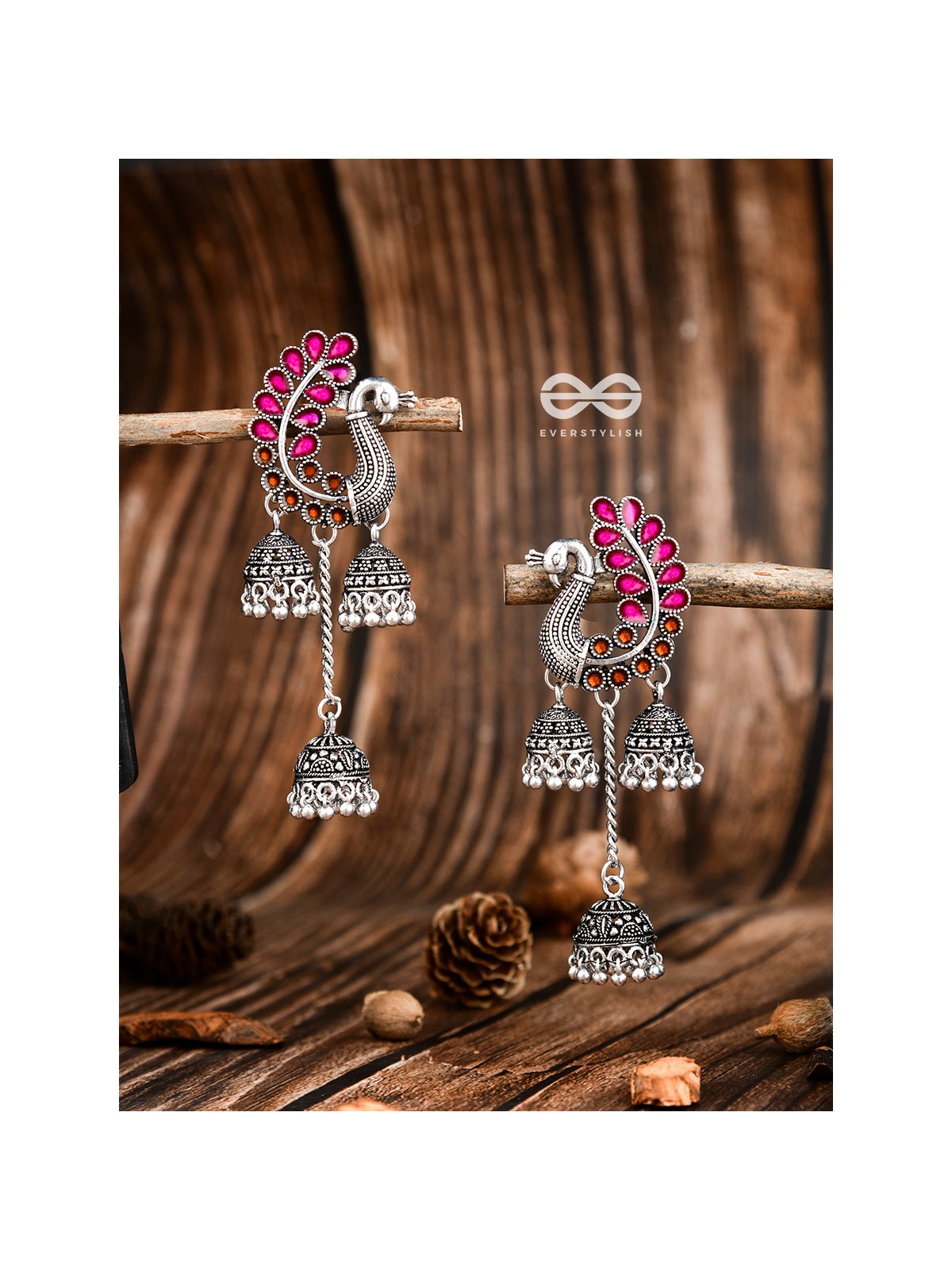 The Enamelled Peacocks Triple Jhumki Statement Earrings - Pink-Brown