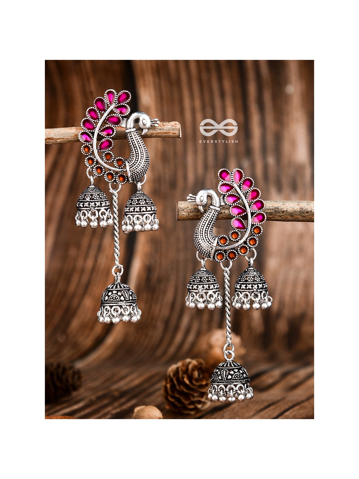 The Enamelled Peacocks Triple Jhumki Statement Earrings - Pink-Brown