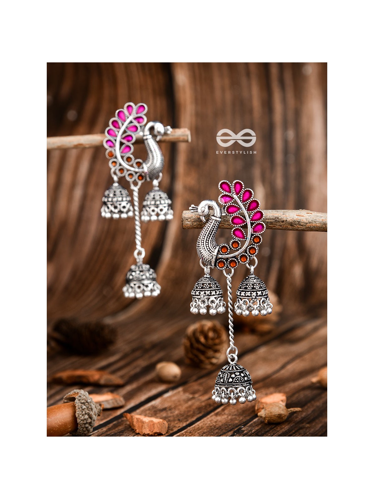 The Enamelled Peacocks Triple Jhumki Statement Earrings - Pink-Brown
