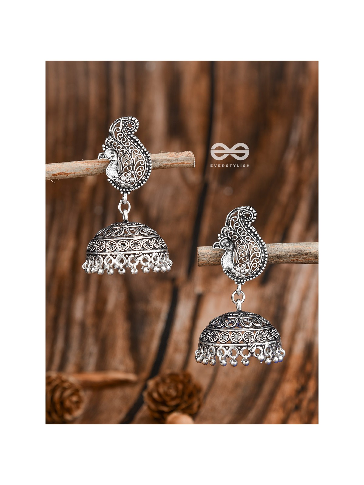 The Intricate Peacock Jhumkis - Oxidised Boho Earrings