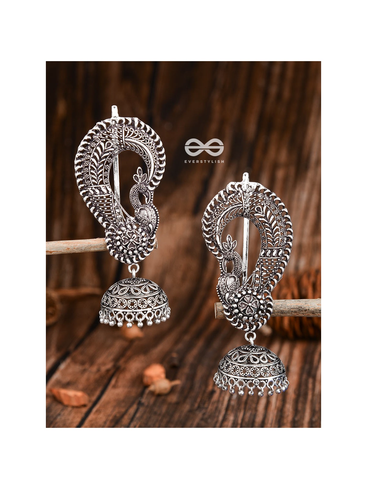 The Elegant Intricate Peacock Earcuffs - Oxidised Boho Earrings