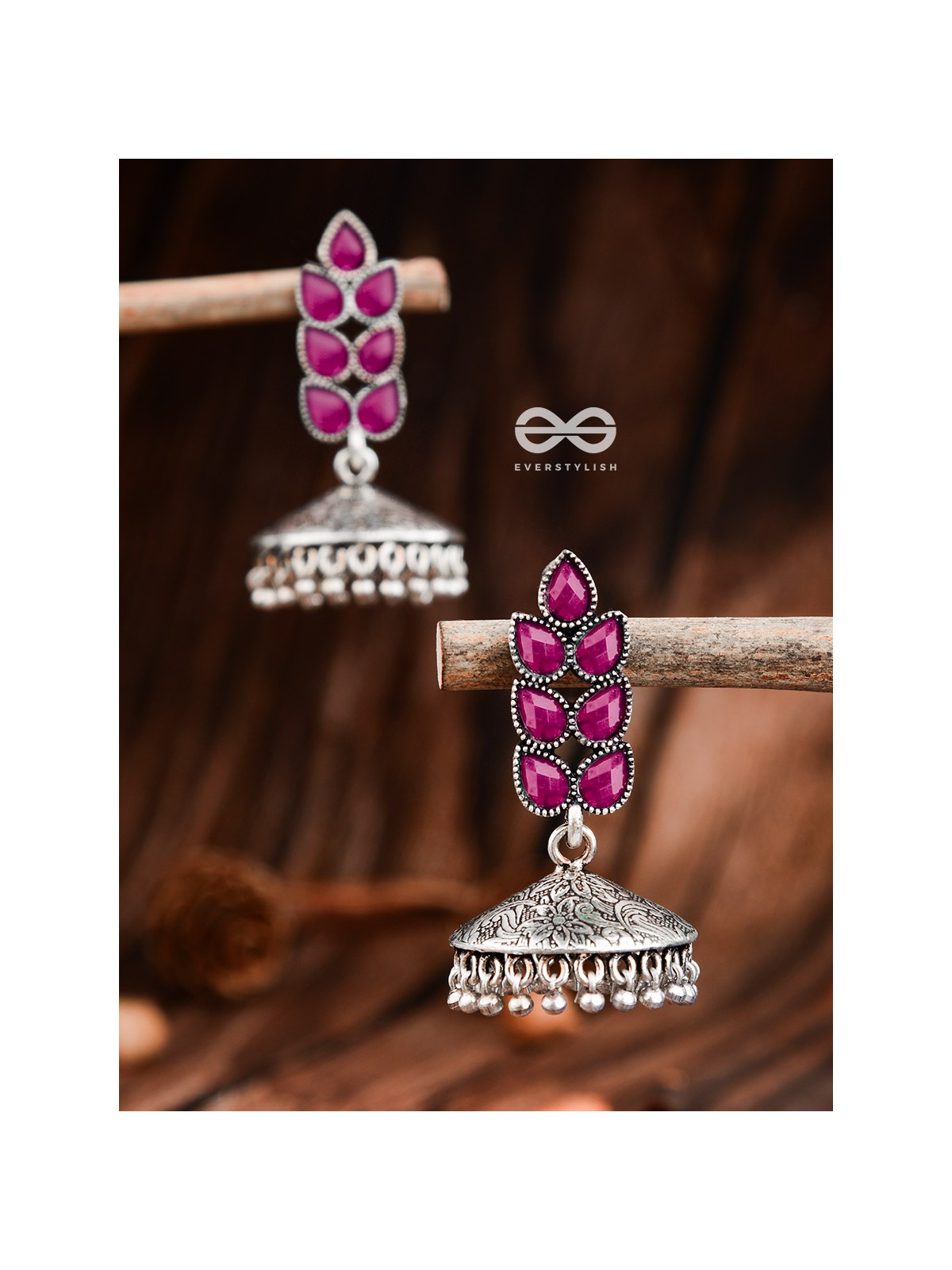 The Olive Branch Intricate Jhumkis - Ruby Red - The Embellished Oxidised Collection