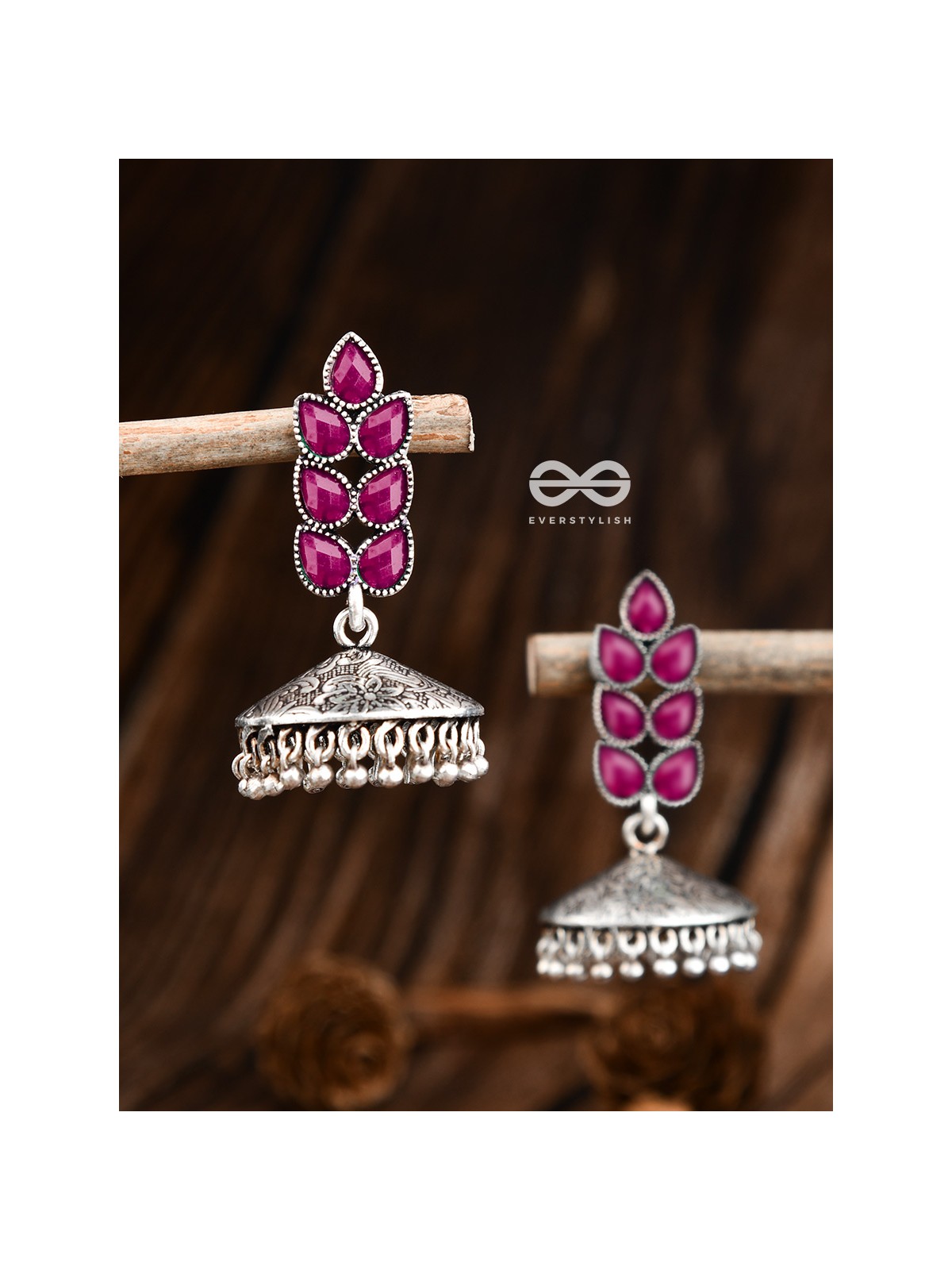 The Olive Branch Intricate Jhumkis - Ruby Red - The Embellished Oxidised Collection