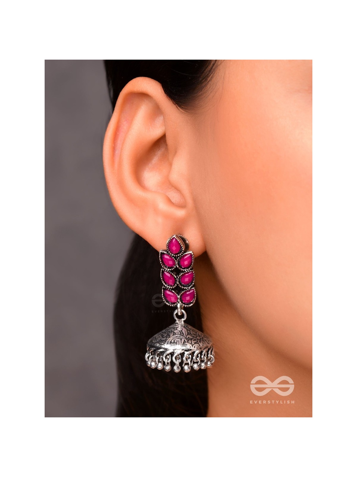 The Olive Branch Intricate Jhumkis - Ruby Red - The Embellished Oxidised Collection
