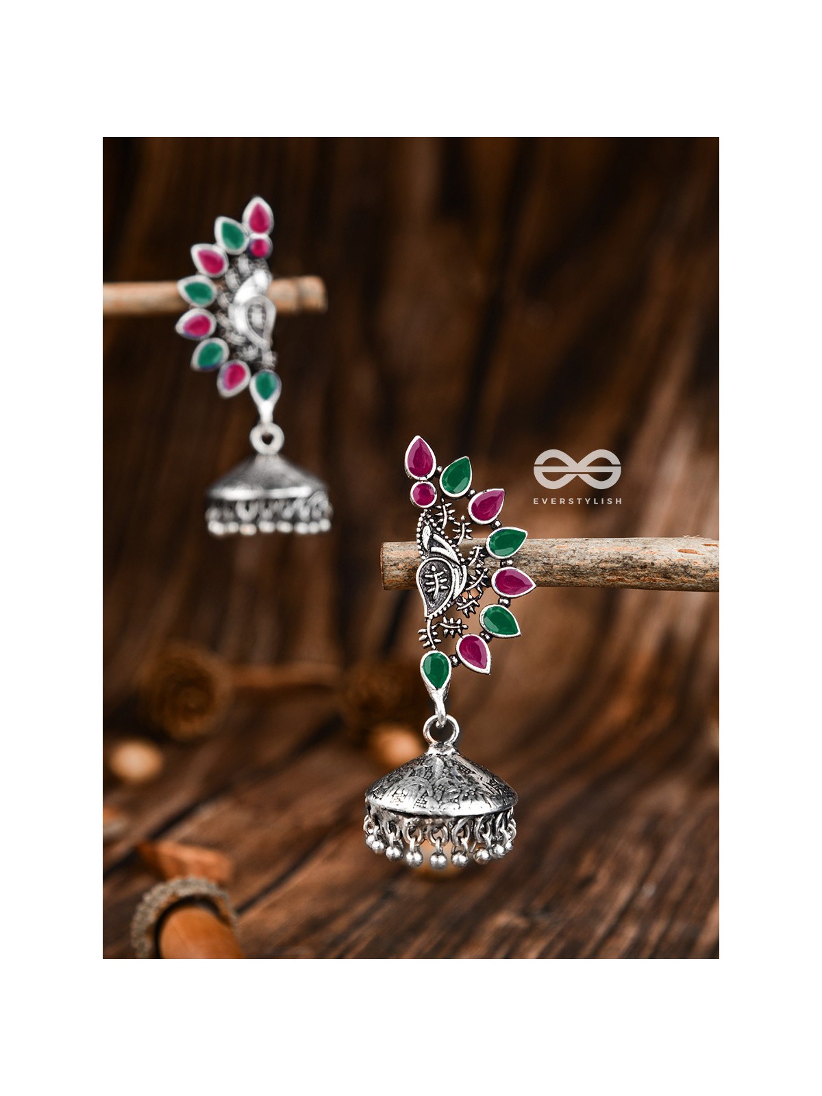 The Bohemian Elegance Floral Jhumkis (Ruby-Emerald) - Oxidised Embellished Collection