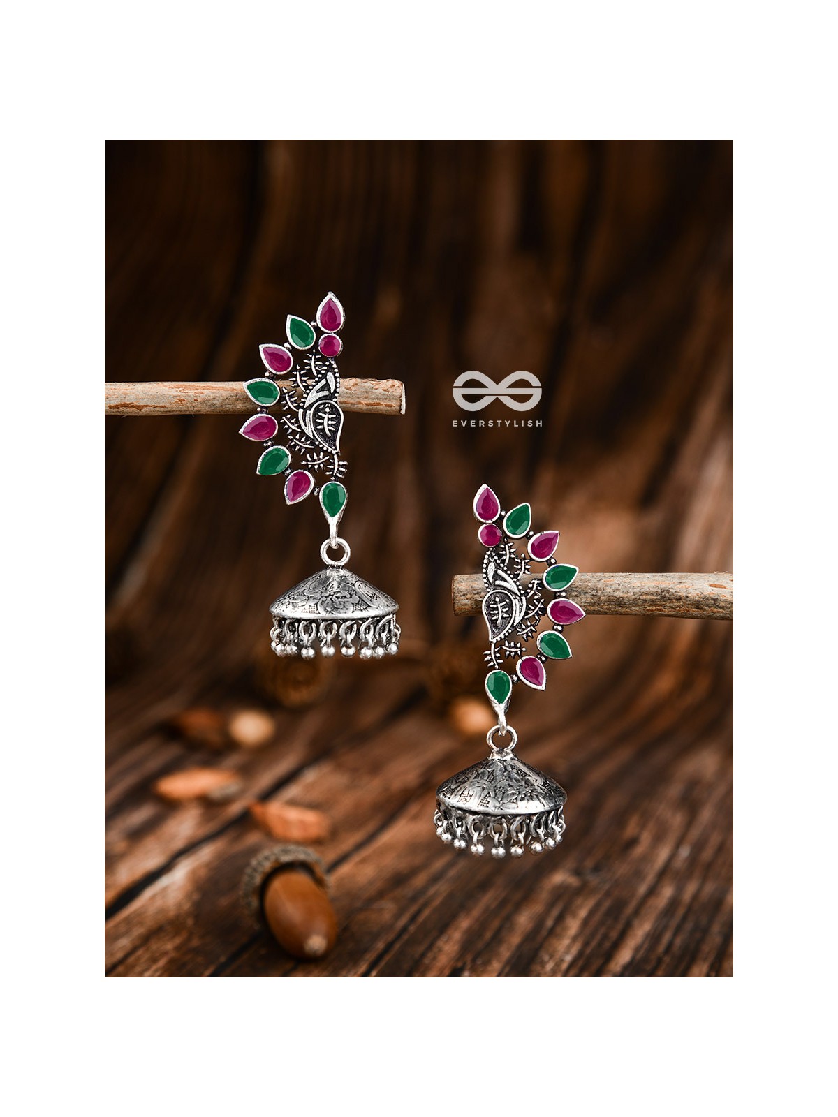 The Bohemian Elegance Floral Jhumkis (Ruby-Emerald) - Oxidised Embellished Collection