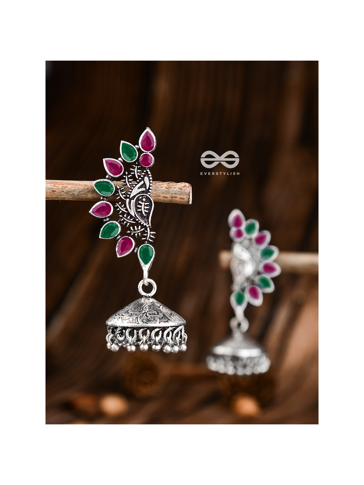 The Bohemian Elegance Floral Jhumkis (Ruby-Emerald) - Oxidised Embellished Collection