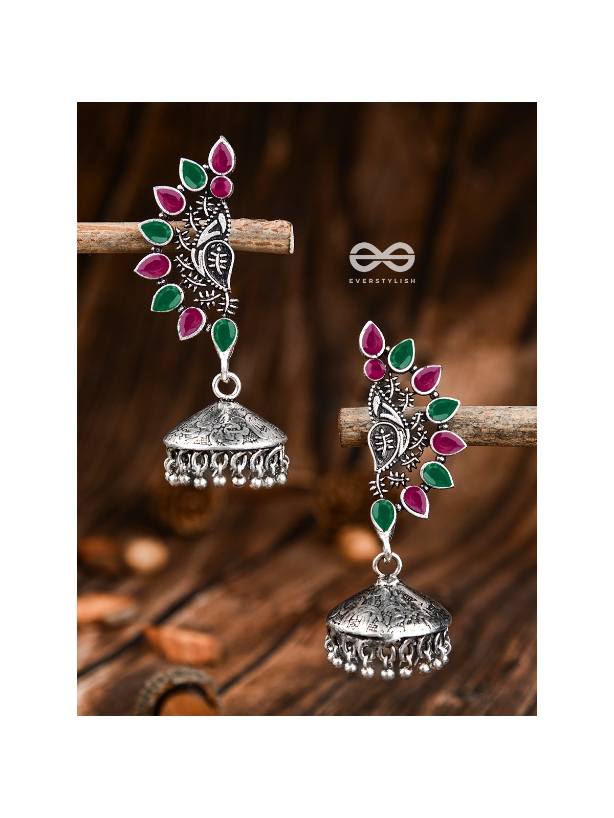 The Bohemian Elegance Floral Jhumkis (Ruby-Emerald) - Oxidised Embellished Collection