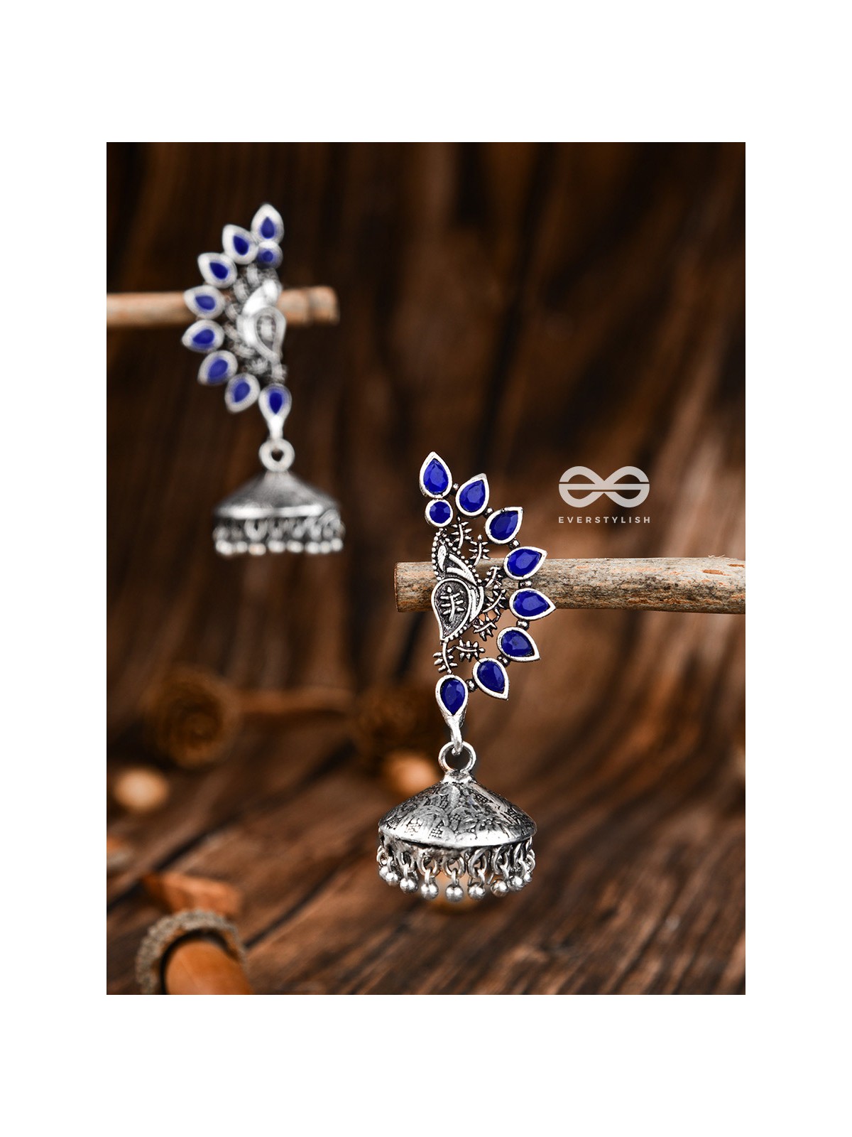 The Bohemian Elegance Floral Jhumkis (Sapphire Blue) - Oxidised Embellished Collection