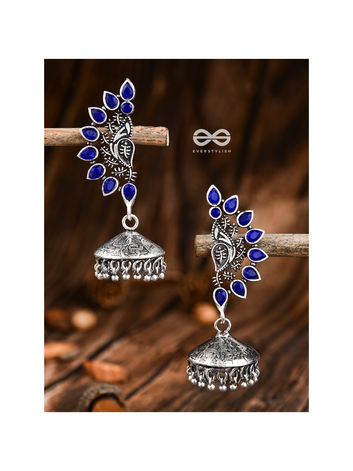 The Bohemian Elegance Floral Jhumkis (Sapphire Blue) - Oxidised Embellished Collection