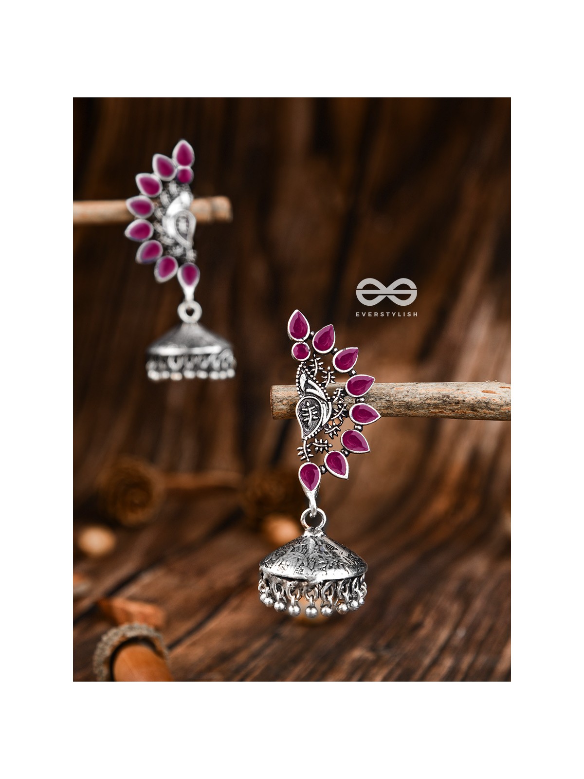 The Bohemian Elegance Floral Jhumkis (Ruby Red) - Oxidised Embellished Collection