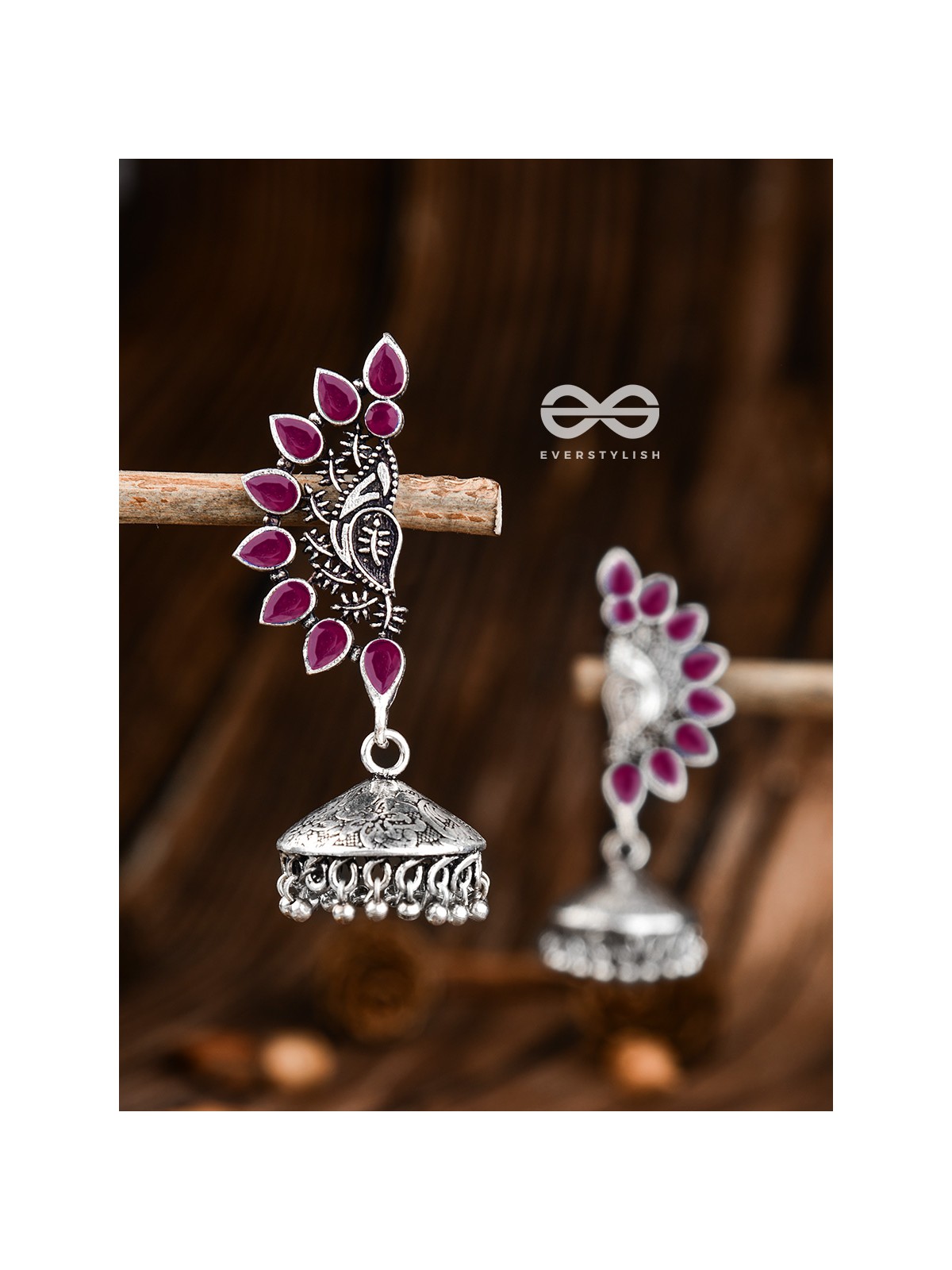 The Bohemian Elegance Floral Jhumkis (Ruby Red) - Oxidised Embellished Collection