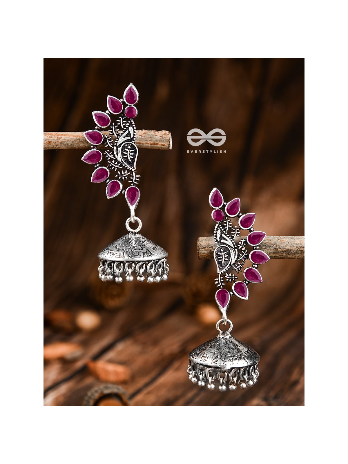 The Bohemian Elegance Floral Jhumkis (Ruby Red) - Oxidised Embellished Collection