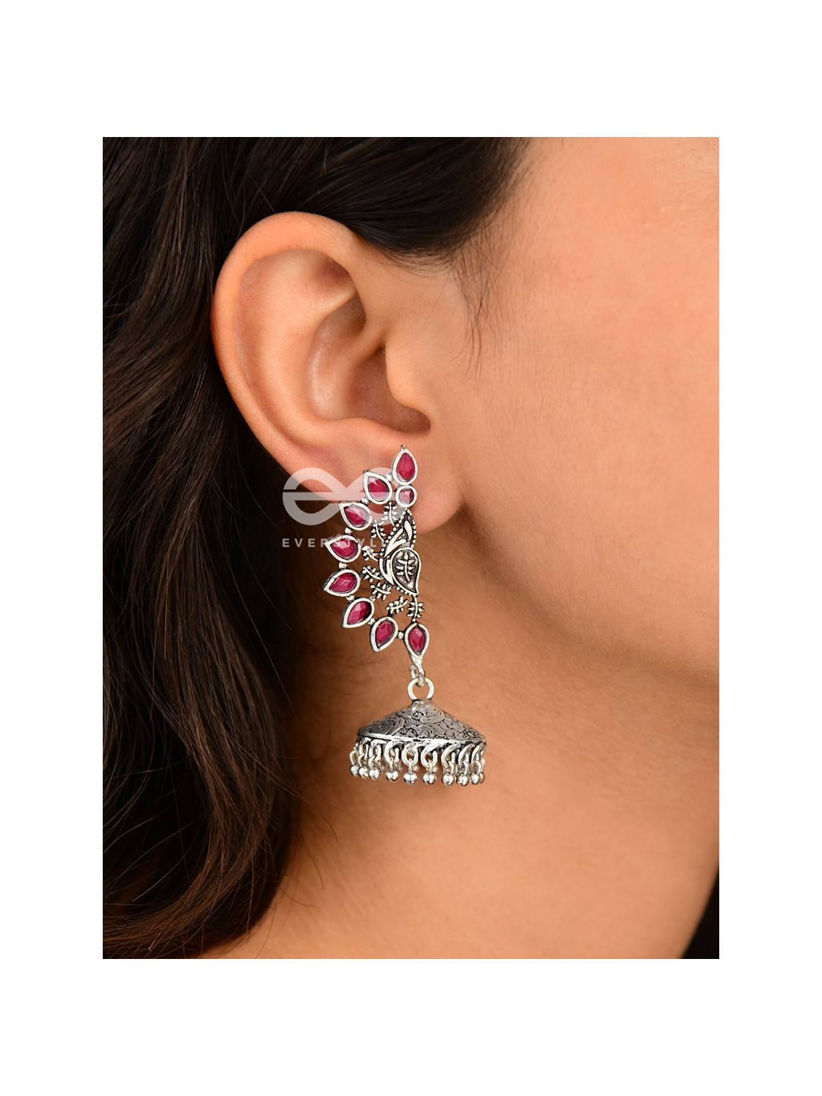 The Bohemian Elegance Floral Jhumkis (Ruby Red) - Oxidised Embellished Collection