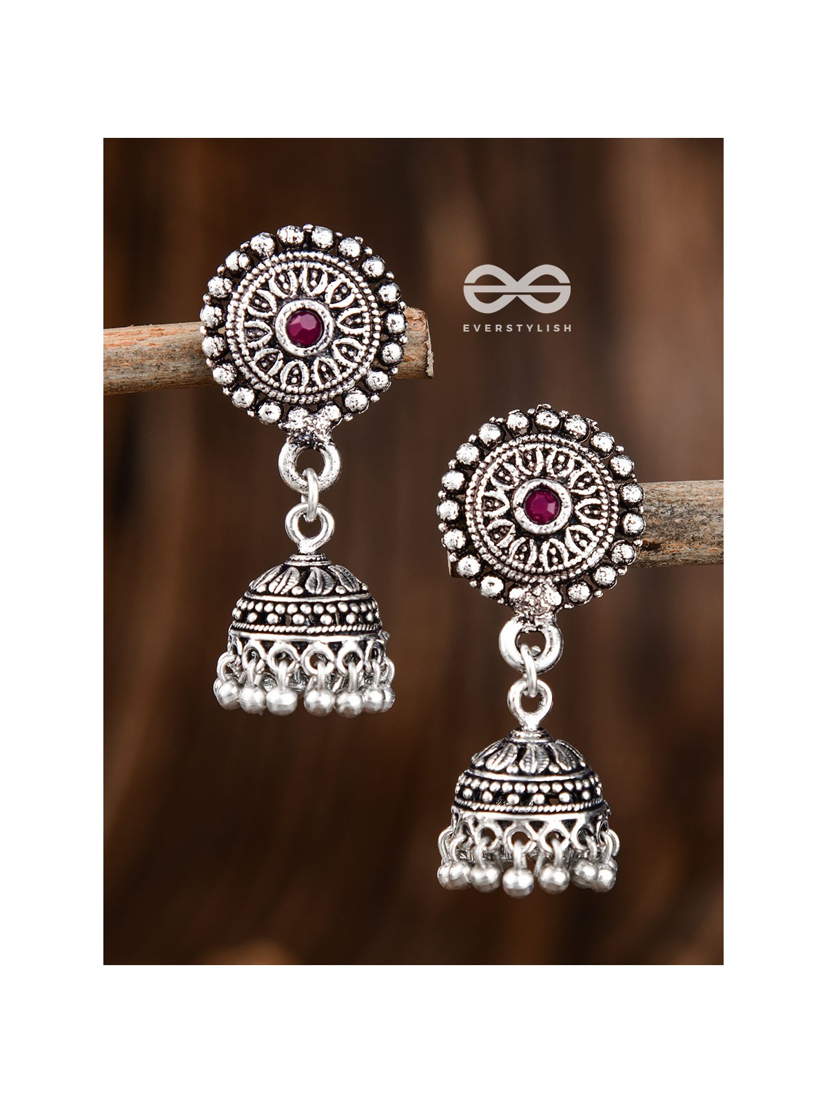 The Little Aztec Jhumkis (Ruby Red) - Embellished Oxidised Collection