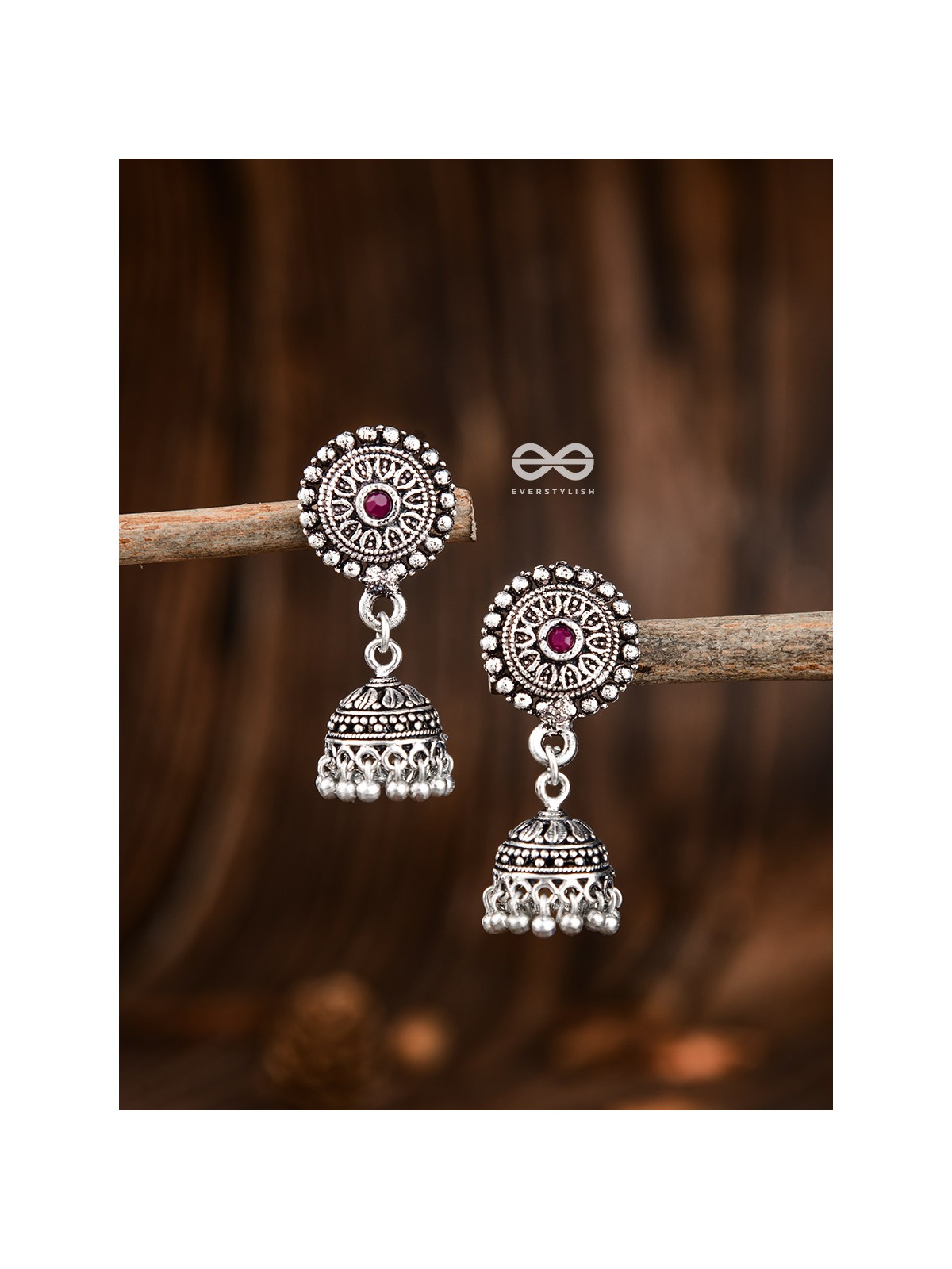 The Little Aztec Jhumkis (Ruby Red) - Embellished Oxidised Collection