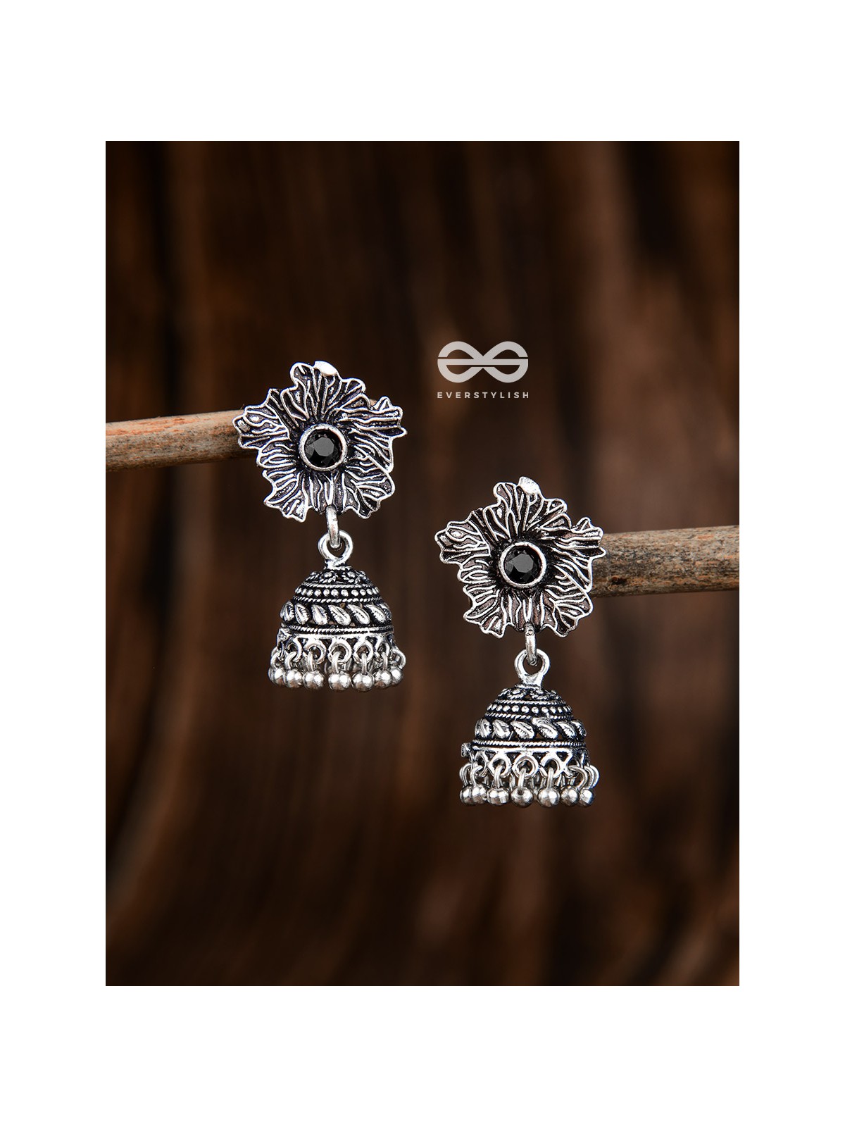 The Artsy Floral Jhumkis (Onyx Black) - Embellished Oxidised Collection