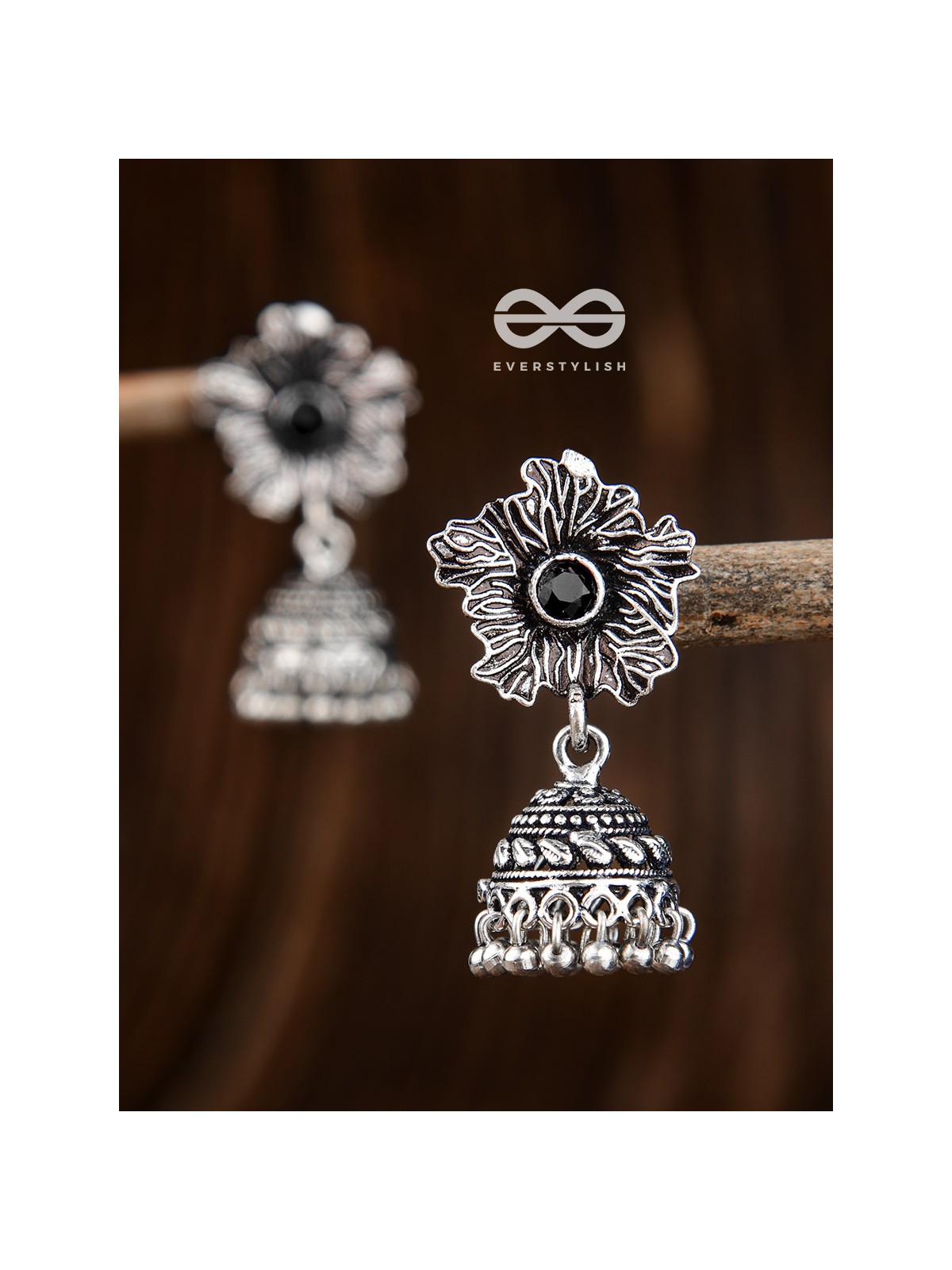 The Artsy Floral Jhumkis (Onyx Black) - Embellished Oxidised Collection