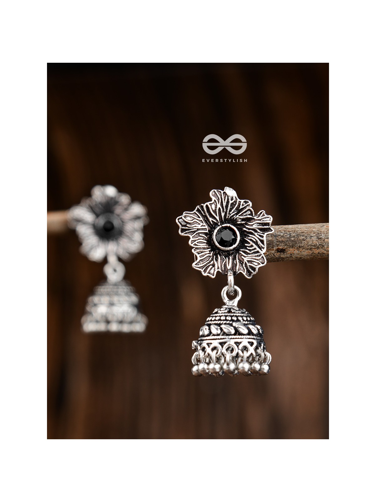 The Artsy Floral Jhumkis (Onyx Black) - Embellished Oxidised Collection