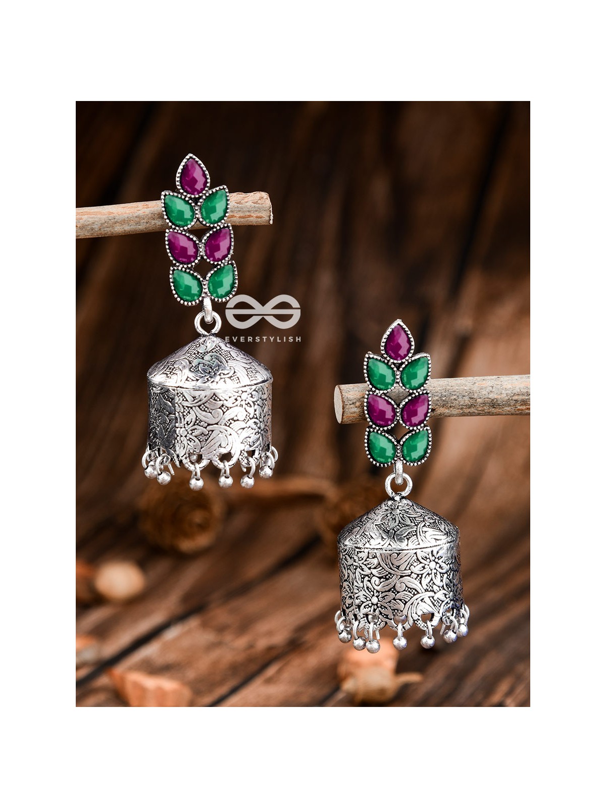 The Olive Branch Intricate Drum Jhumkis - Emerald and Ruby - The Embellished Oxidised Collection