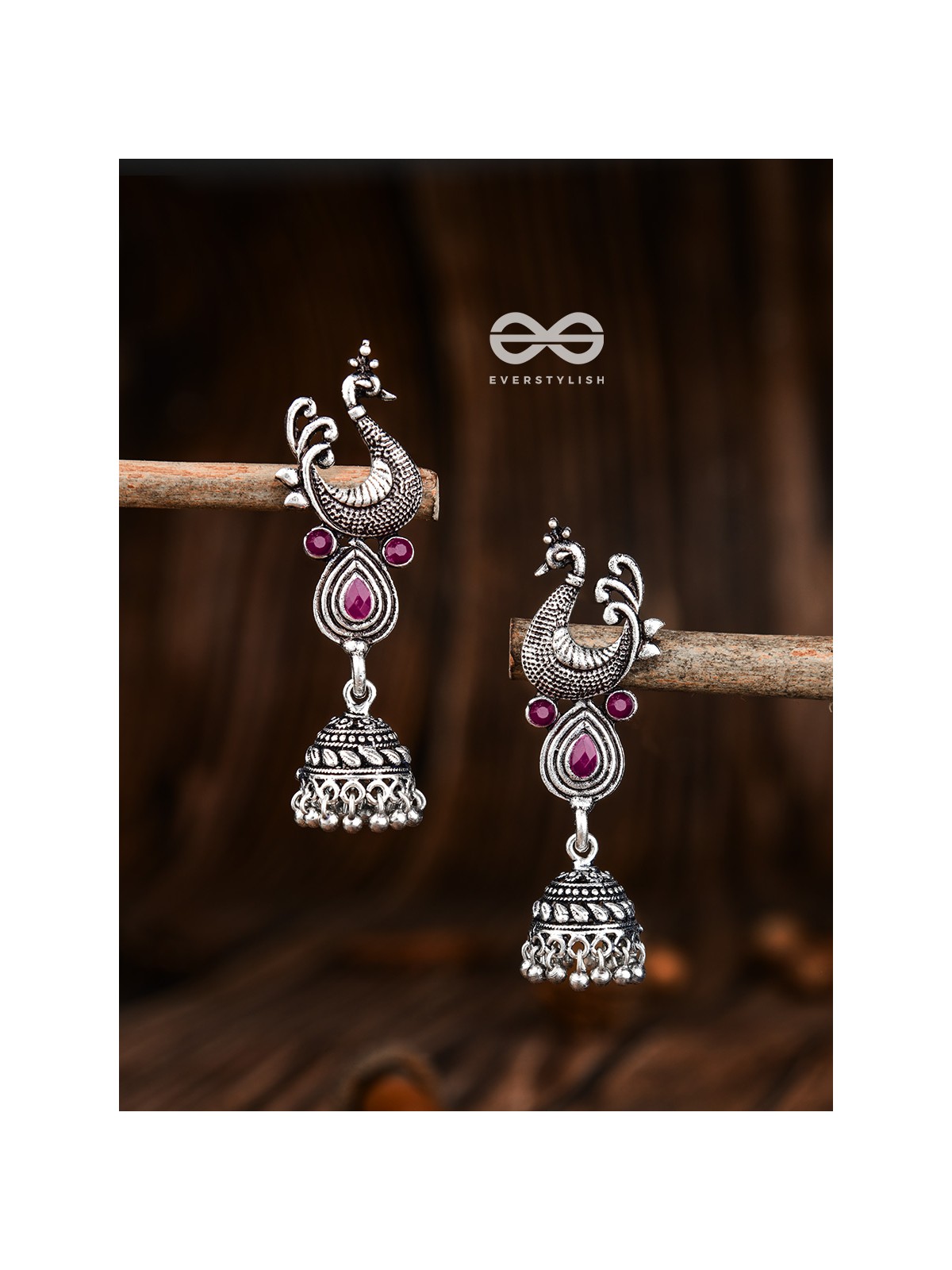 The Dangling Peacock Jhumkis (Ruby Red) - The Embellished Oxidised Collection