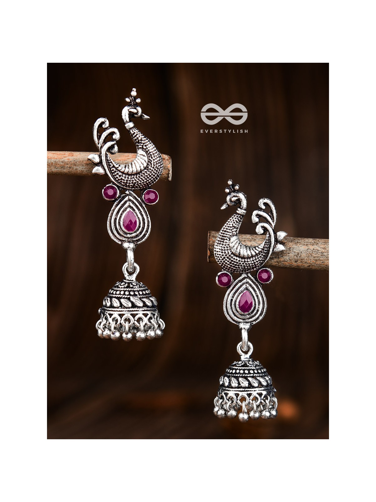 The Dangling Peacock Jhumkis (Ruby Red) - The Embellished Oxidised Collection