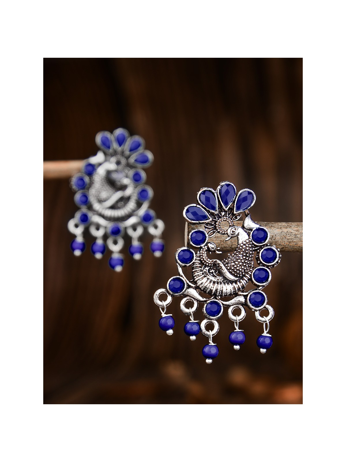 The Dangling Peacock Studs (Sapphire Blue) - Embellished Oxidised Collection