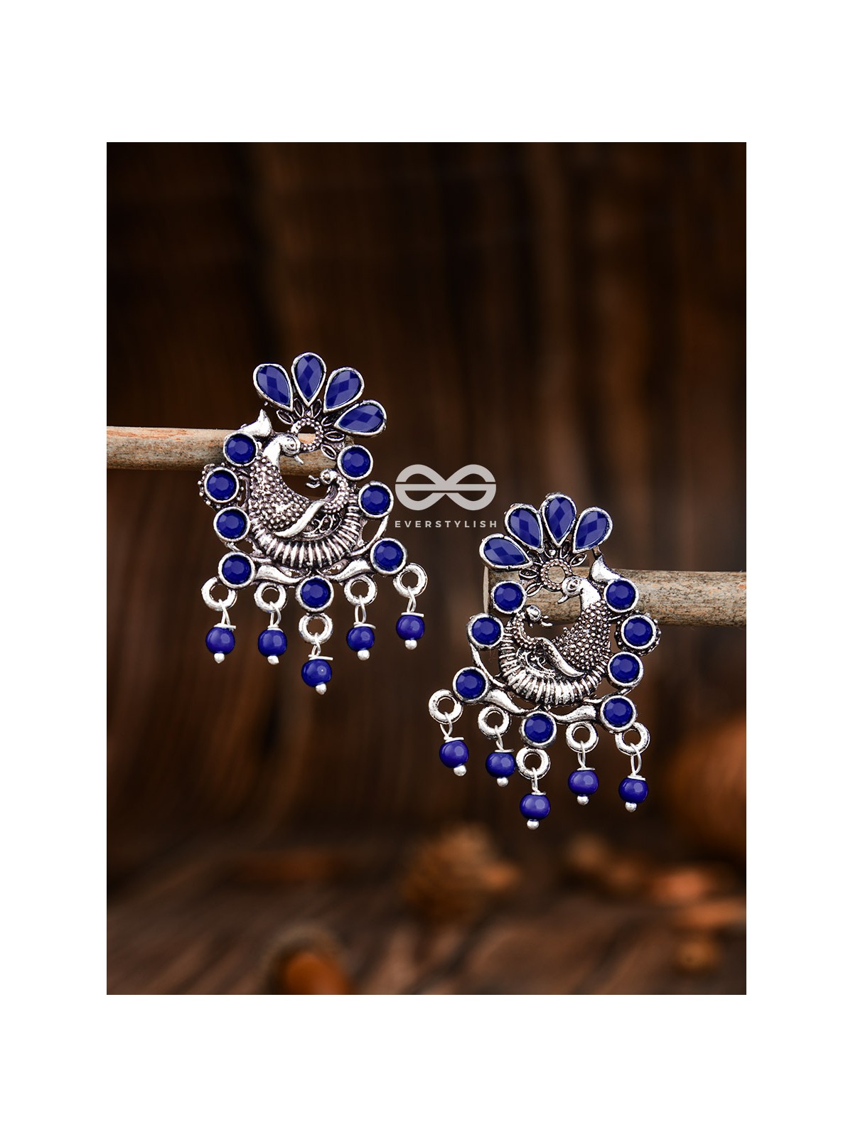 The Dangling Peacock Studs (Sapphire Blue) - Embellished Oxidised Collection