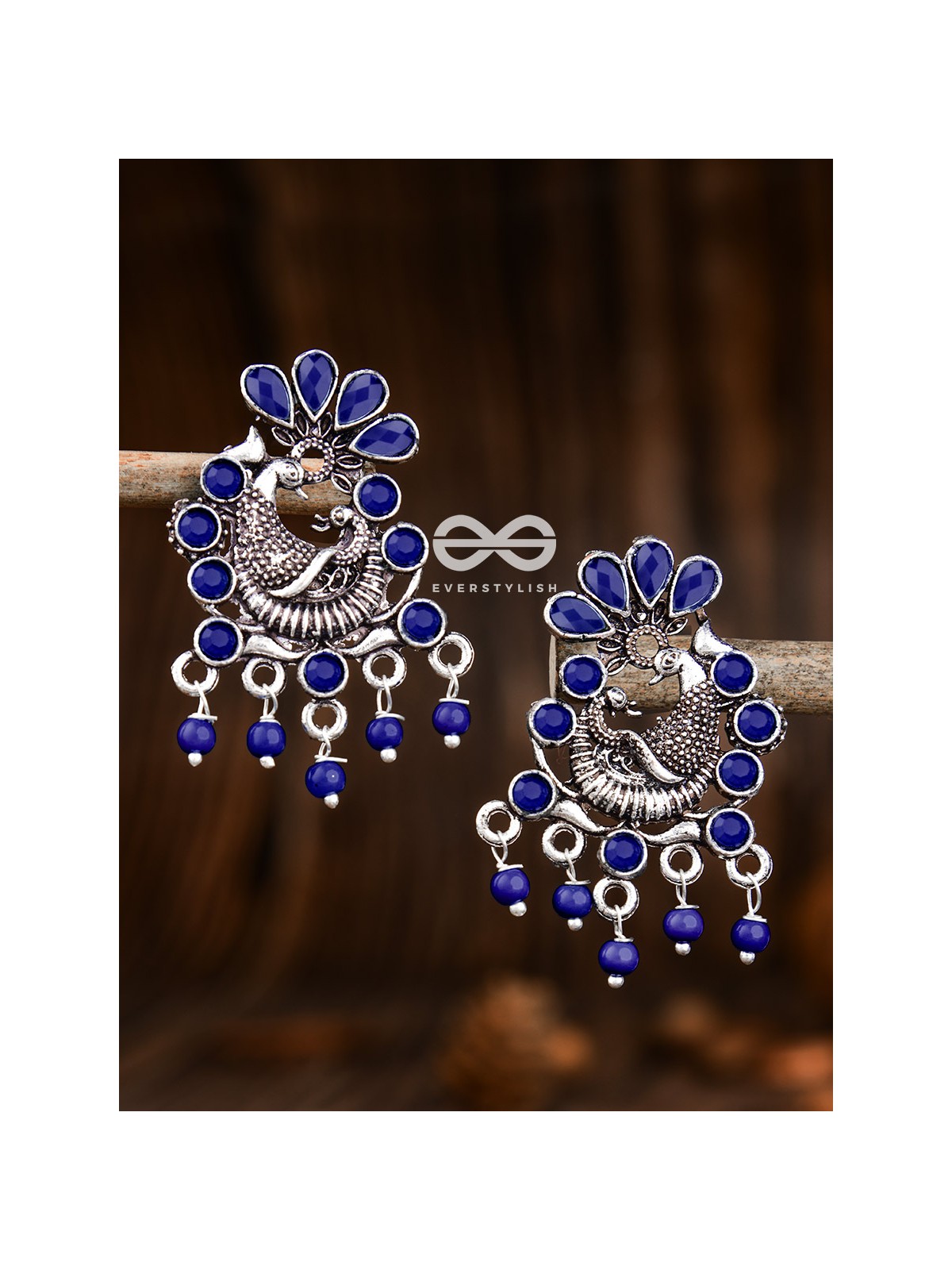 The Dangling Peacock Studs (Sapphire Blue) - Embellished Oxidised Collection