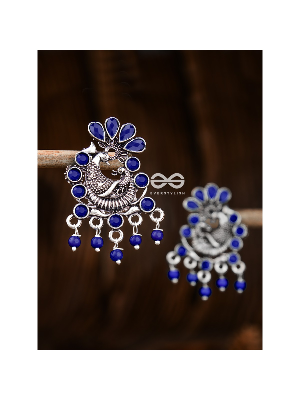 The Dangling Peacock Studs (Sapphire Blue) - Embellished Oxidised Collection