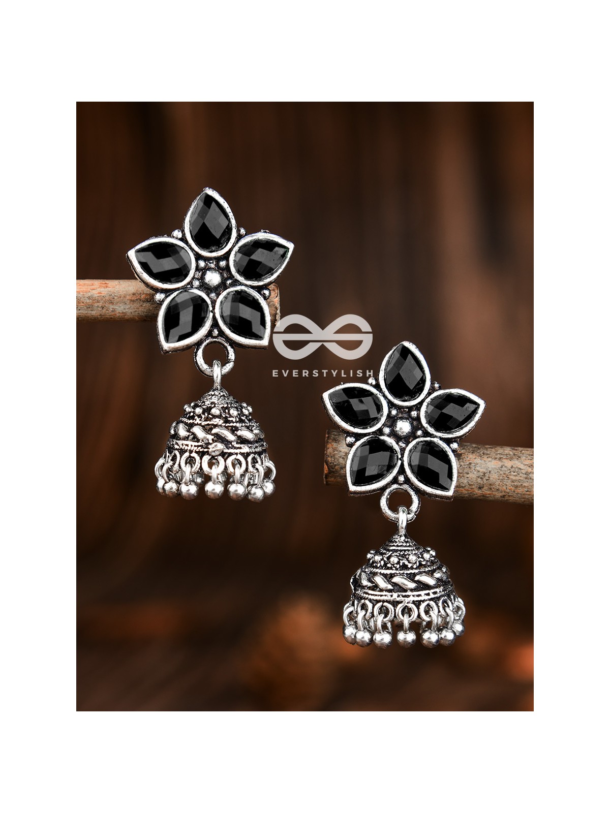 The Glimmering Floral Little Jhumkis (Onyx Black) - The Embellished Oxidised Collection