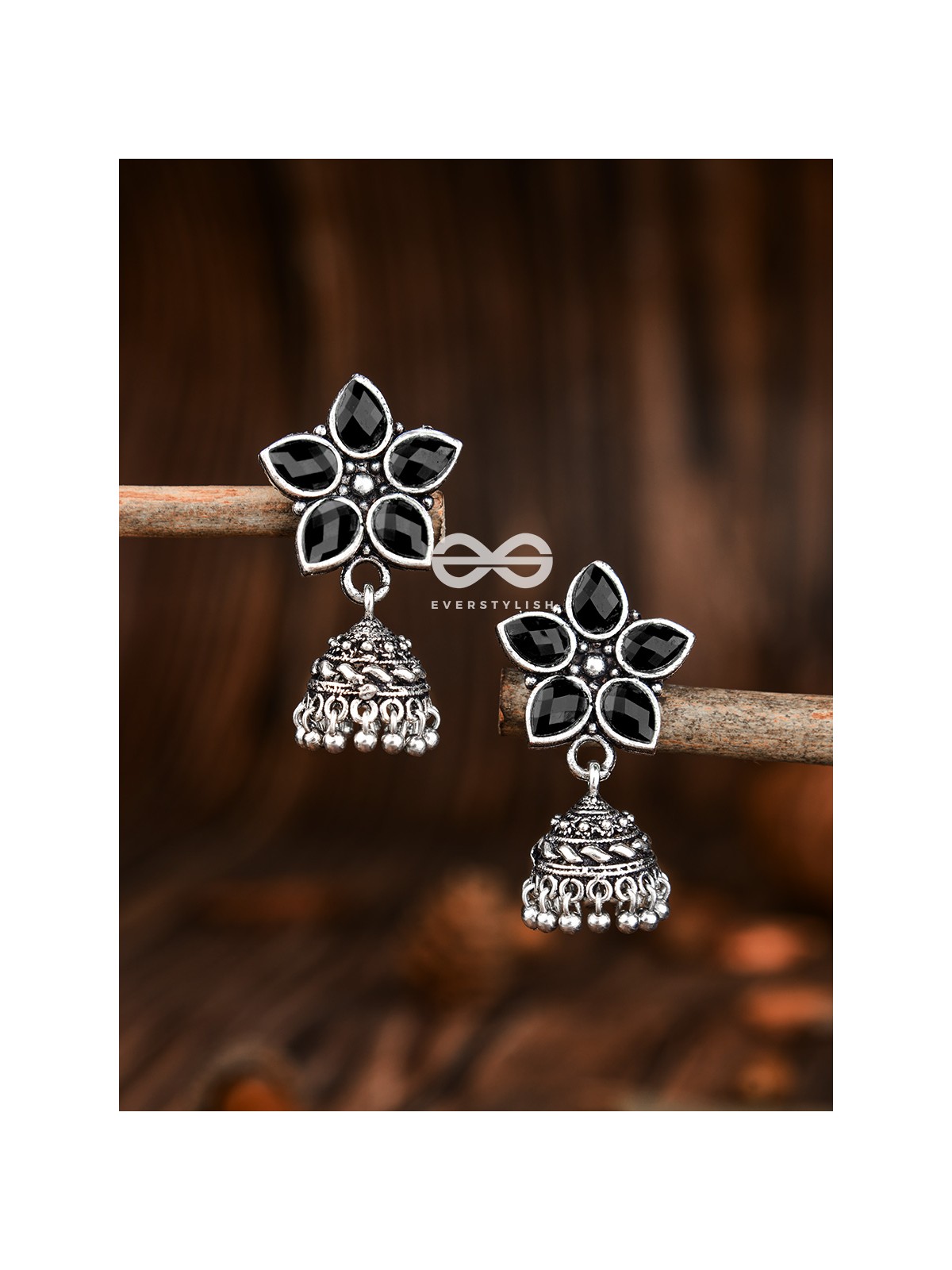 The Glimmering Floral Little Jhumkis (Onyx Black) - The Embellished Oxidised Collection