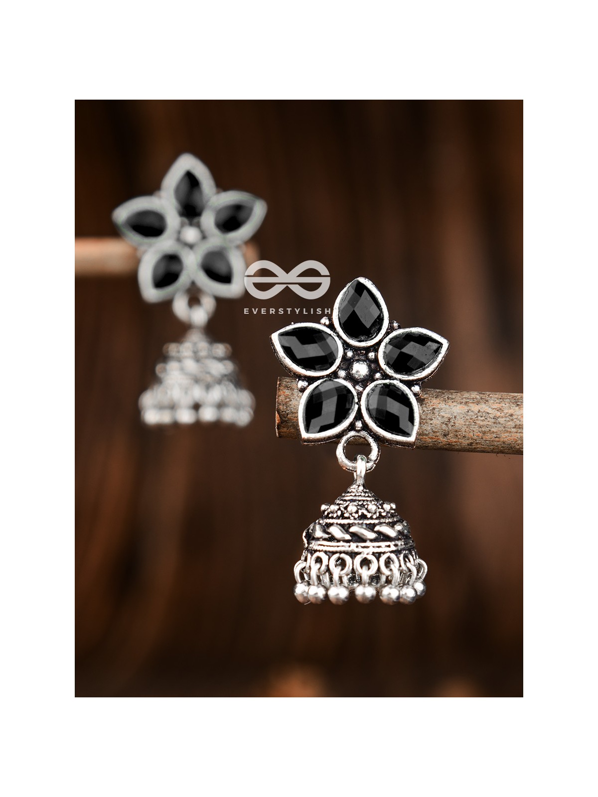 The Glimmering Floral Little Jhumkis (Onyx Black) - The Embellished Oxidised Collection