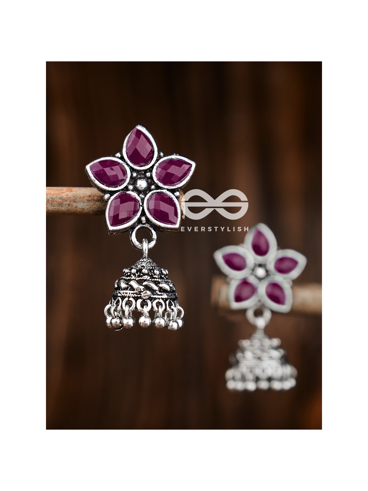 The Glimmering Floral Little Jhumkis (Ruby Red) - The Embellished Oxidised Collection